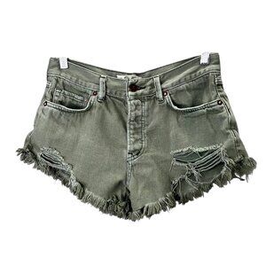 We the Free People Loving Good Vibration Cutoff Shorts 25 Green Denim Raw Bootie